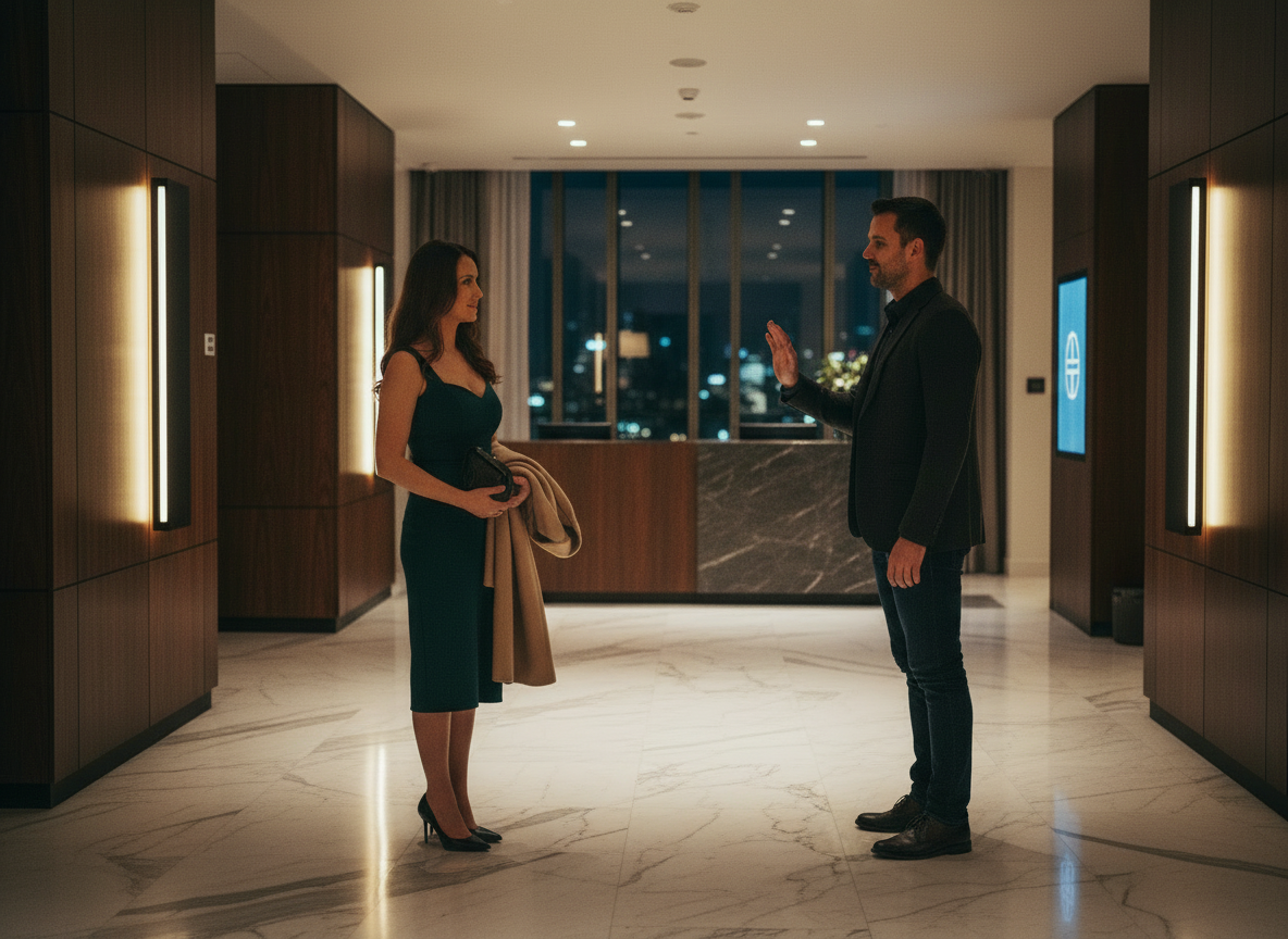 Couple meet in a hotel lobby entrance